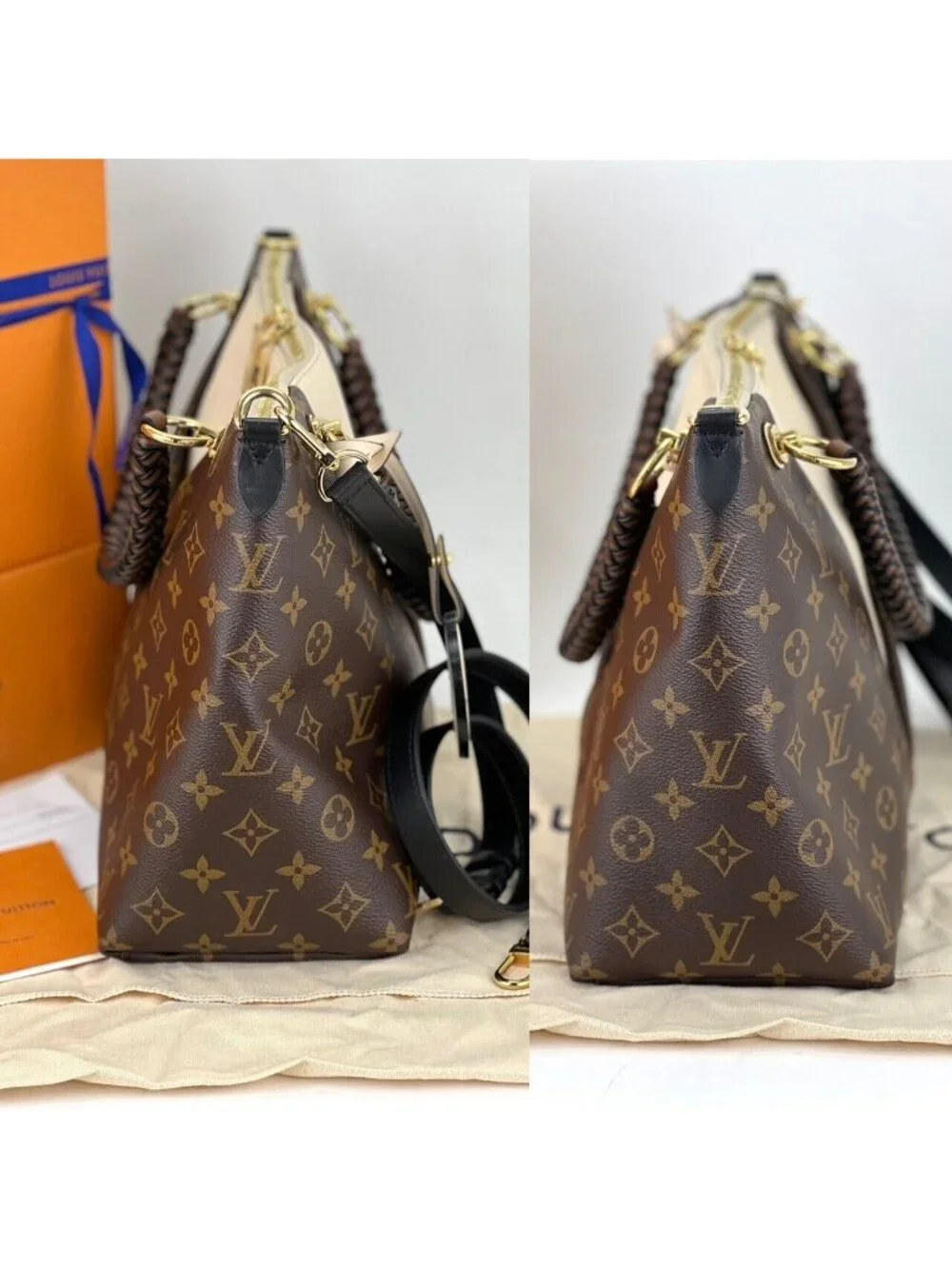 Louis Vuitton Braided V Tote MM Cream Leather Canvas Shoulder Hand Bag